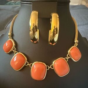 Vintage Monet Gold-Tone Lucite Collar Necklace & Vintage Hoop Clip Earrings.